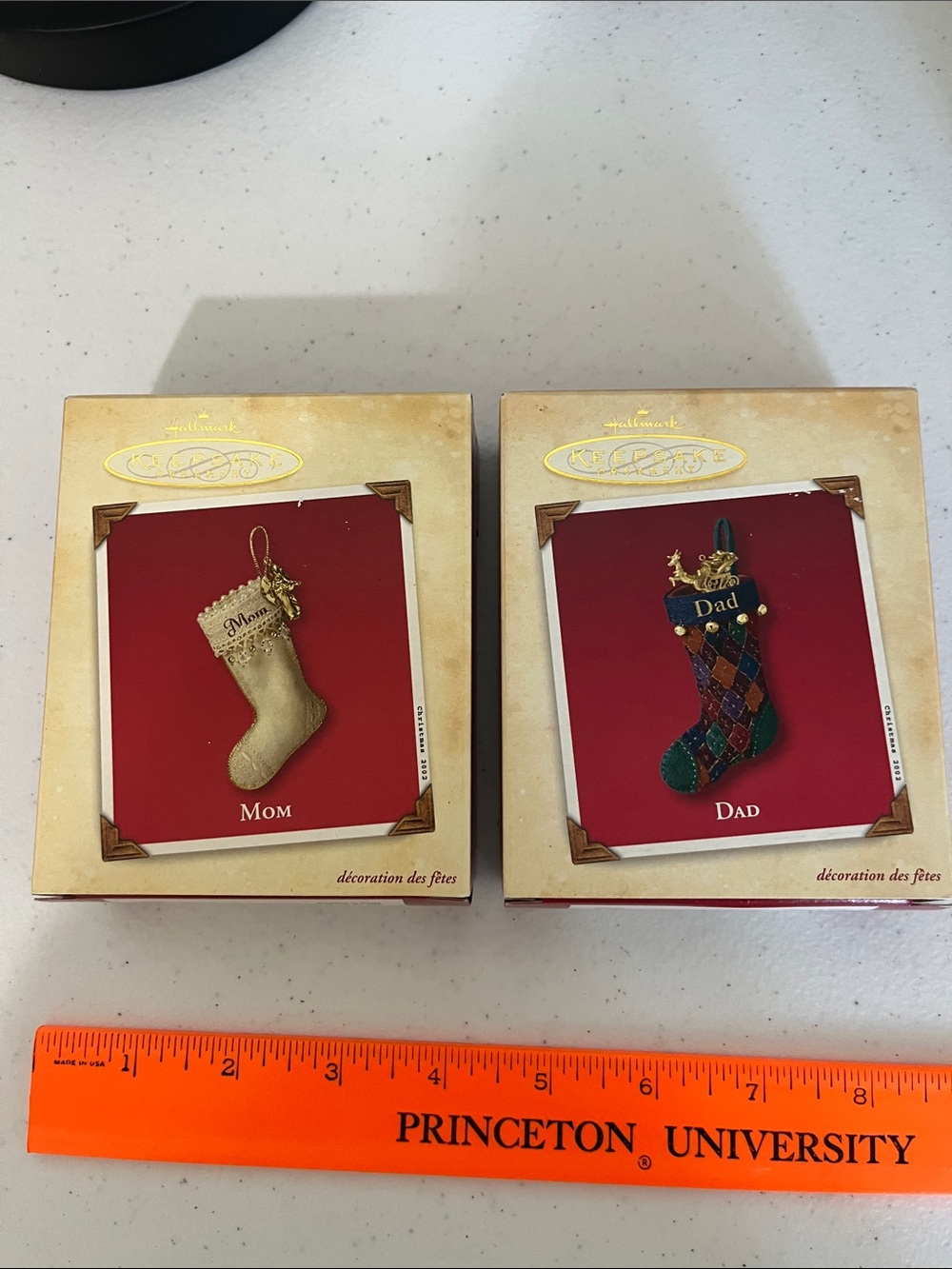 Hallmark Gold Mom and Multicolor Dad Holiday Stocking Ornaments
